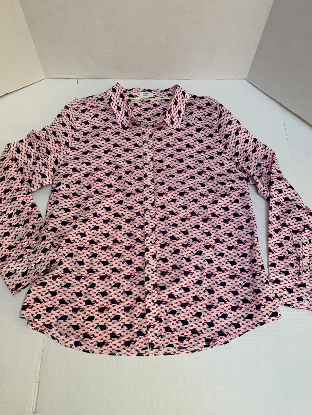 Crown and Ivy Woman's Size XL White with Red and Blue Whales Button Down Shirt